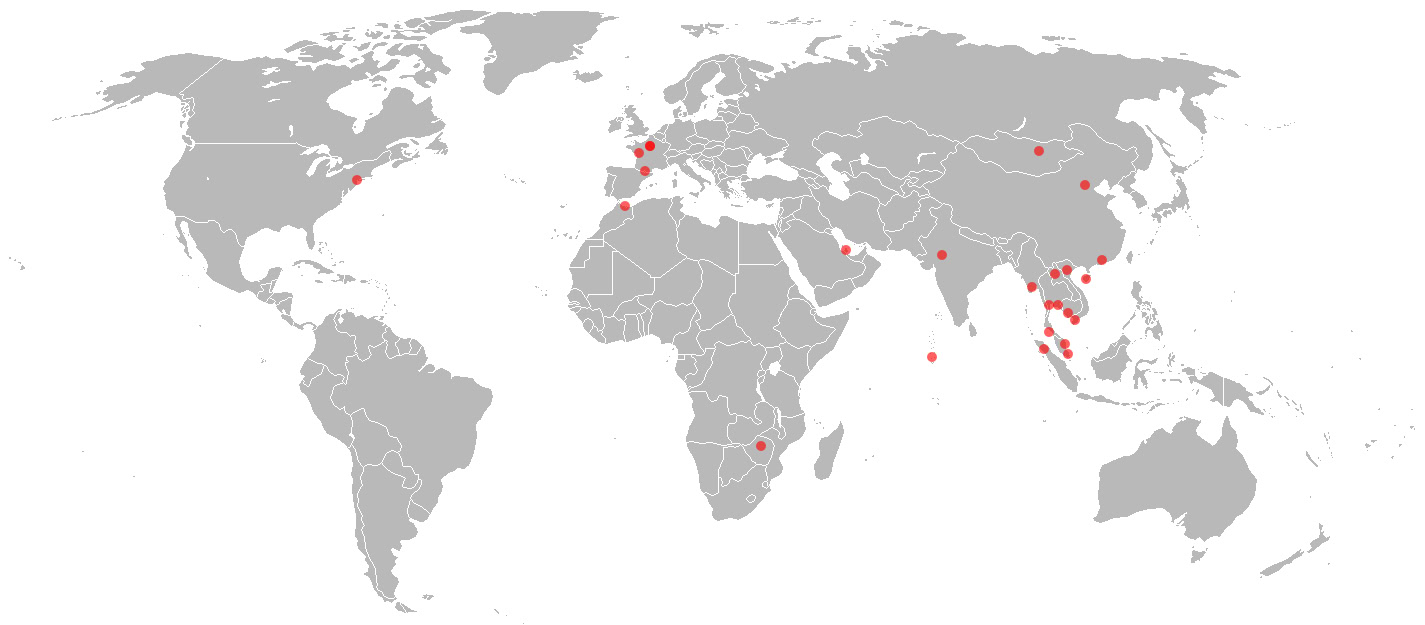 Map showing global locations of Atelier Donatien Carratier jewelry workshops and clients.