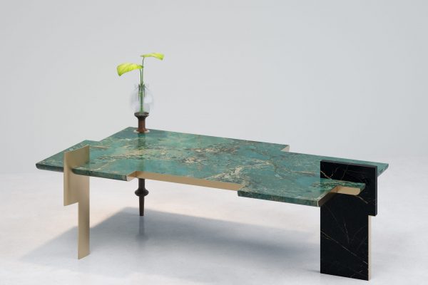 Stylish marble coffee table featuring mixed textures and modern craftsmanship.