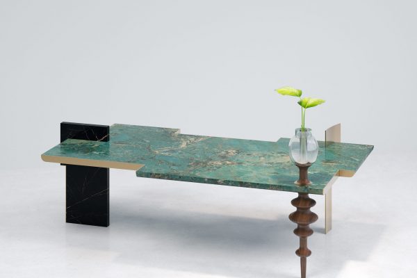 Modern furniture bench with green marble top and distinctive wooden leg, minimalist style.