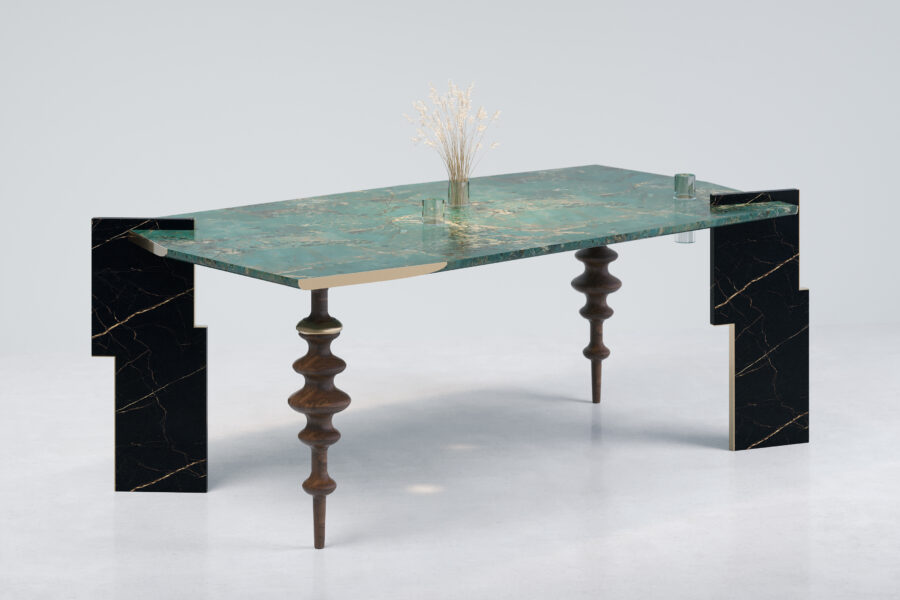Assembly Table with Amazonite quartzite top, black Saint Laurent marble end panels and turned walnut legs