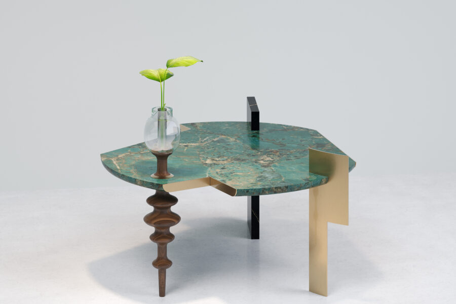 Assembly Coffee Table with a free-form Amazonite quartzite top on a brass and blackened steel base