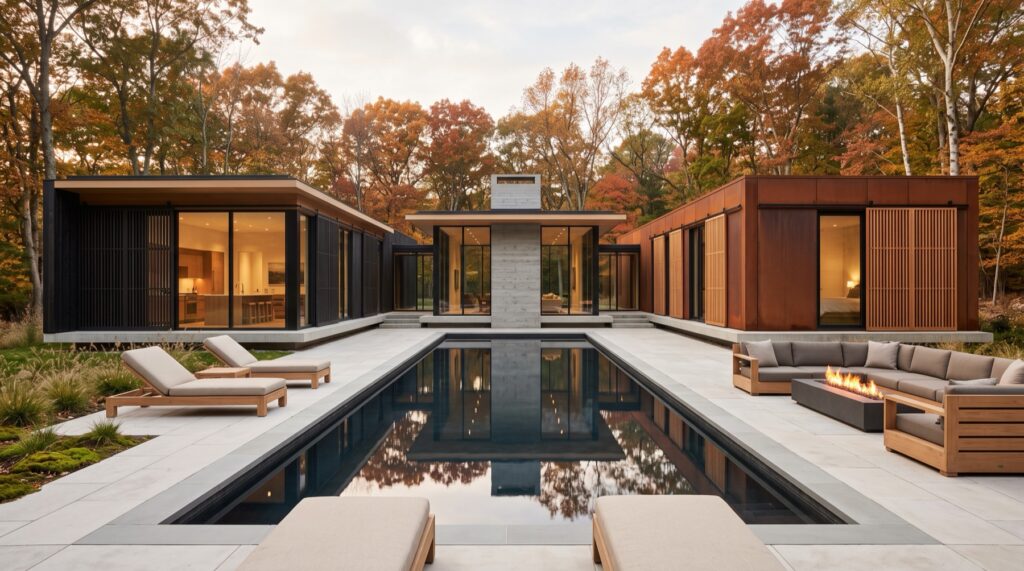 Courtyard house in autumn woodland, charred timber and weathering steel wings flanking a lap pool
