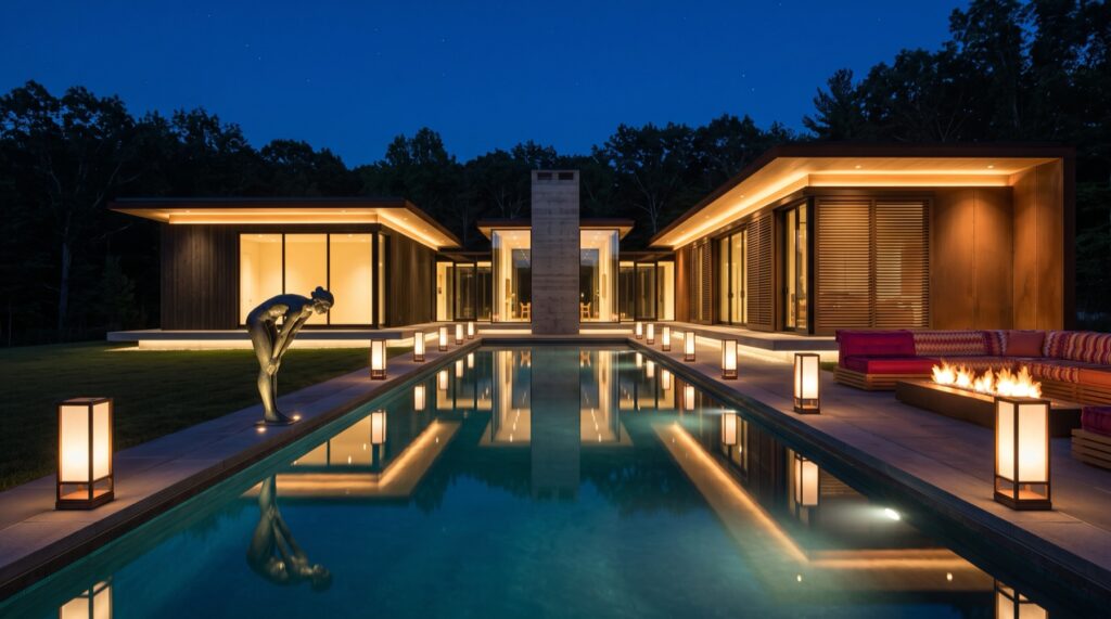 The house at night, warm interior light and lanterns reflected in the lap pool