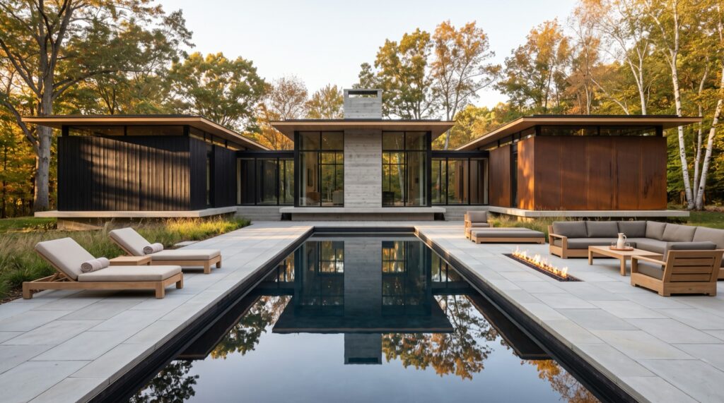 Three low wings of a courtyard house arranged symmetrically around a long reflecting pool