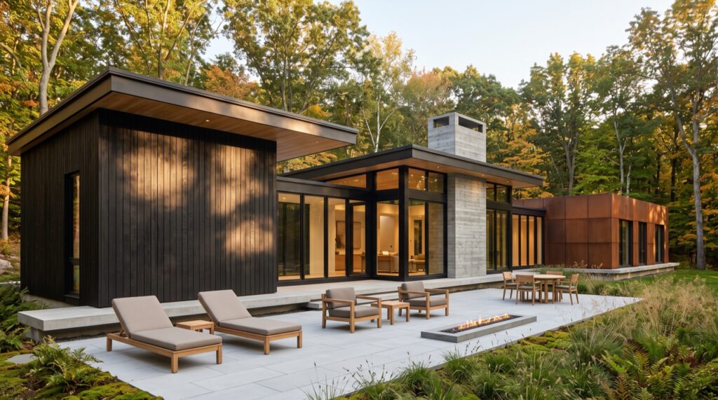 Single-storey house with charred cedar cladding and a deep cantilevered roof over a bluestone terrace